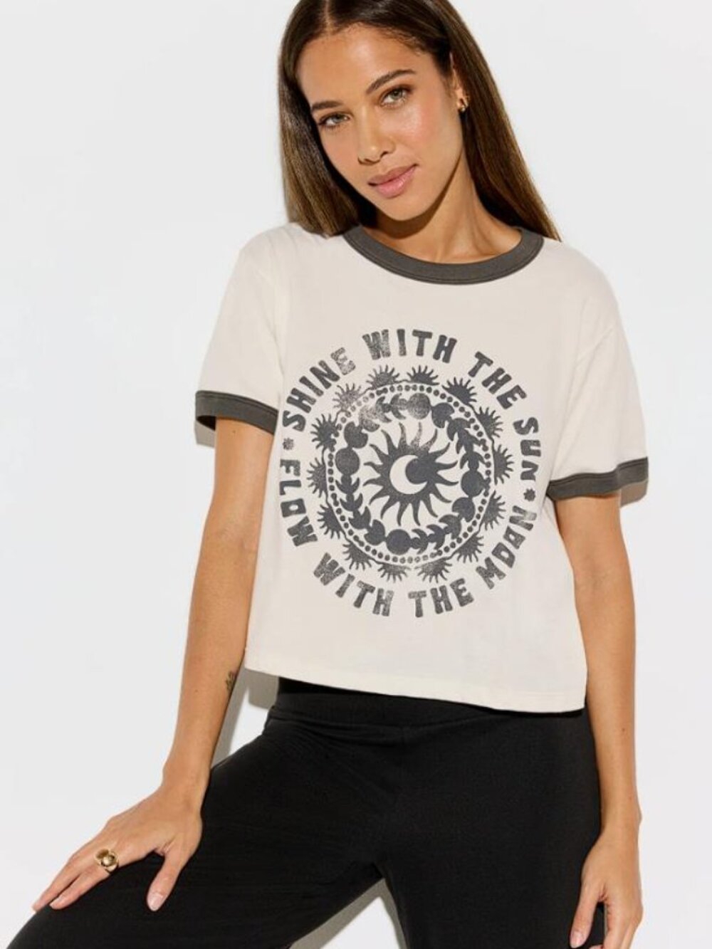 SPIRITUAL GANGSTER Women's Flow Short Sleeve Ringer Tee Size S In Vintage White